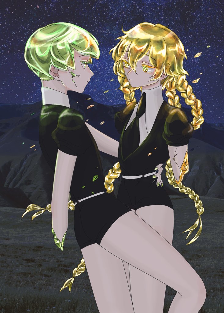 2others androgynous blonde_hair braid broken colored_eyelashes cracked crystal_hair face-to-face gem_uniform_(houseki_no_kuni) green_eyes green_hair hand_on_another's_hip houseki_no_kuni jtmpadn long_hair looking_at_another missing_limb multiple_braids multiple_others necktie night night_sky outdoors peridot_(steven_universe) shards short_hair sky smile sphene_(houseki_no_kuni) yellow_eyes