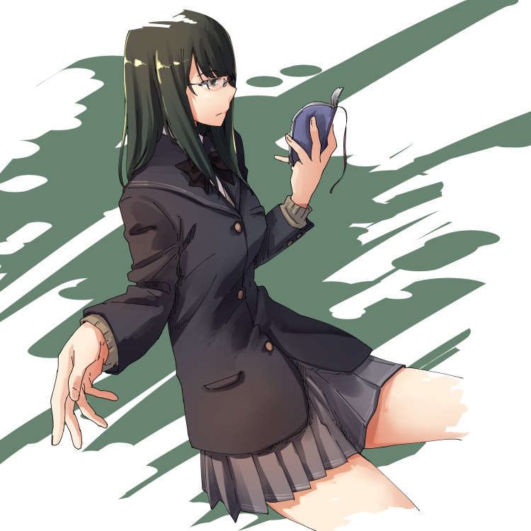 1girl amagami black_jacket blazer book cowboy_shot dutch_angle expressionless glasses green_hair grey_skirt jacket kibito_high_school_uniform kurosawa_noriko's_entourage long_hair long_sleeves looking_away mouth_closed novel pleated_skirt reaching_out reading school_uniform skirt solo sweater unamused woori_(jtfy3485)