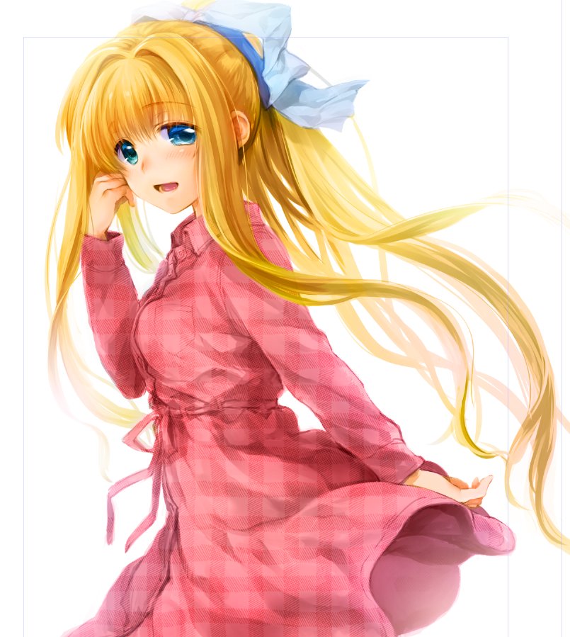 1girl air blonde_hair blue_eyes blue_ribbon cowboy_shot dress hair_ribbon kamio_misuzu looking_at_viewer open_mouth pink_dress plaid plaid_dress ponytail ribbon satomi_yoshitaka simple_background solo white_background