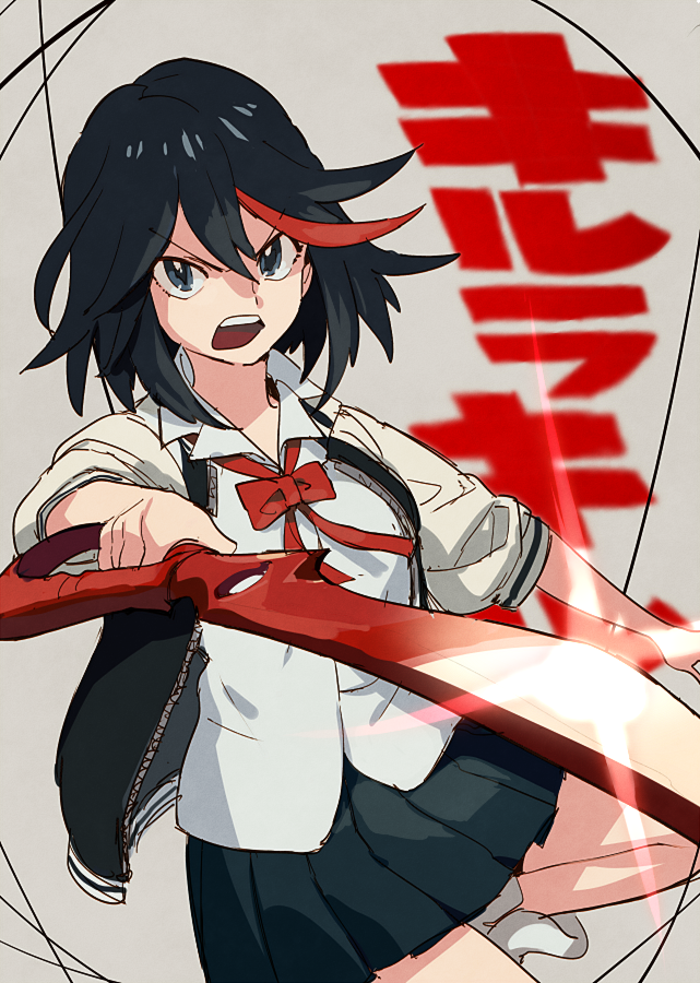 1girl aoki_(fumomo) bangs black_hair blue_eyes blue_skirt bow bowtie collared_shirt copyright_name glint hair_between_eyes holding holding_weapon jacket kill_la_kill leg_up looking_at_viewer matoi_ryuuko miniskirt multicolored_hair open_clothes open_jacket open_mouth pleated_skirt red_bow red_neckwear redhead scissor_blade shirt skirt sleeves_past_elbows solo sparkle streaked_hair teeth two-tone_hair weapon white_shirt