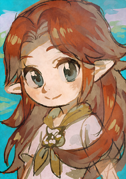 1girl aoki_(fumomo) blue_eyes brown_hair closed_mouth flat_chest hair_intakes long_hair looking_at_viewer malon nintendo pointy_ears short_sleeves smile solo the_legend_of_zelda the_legend_of_zelda:_ocarina_of_time upper_body