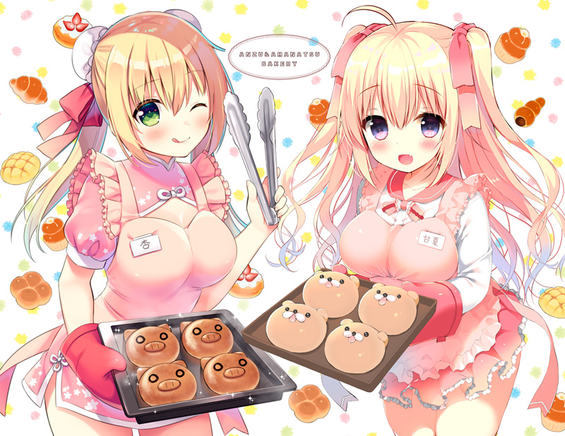 2girls :d ;q apron bangs blonde_hair blush bow breasts china_dress chinese_clothes closed_mouth commentary_request cookie dress eyebrows_visible_through_hair food frilled_skirt frills green_eyes hair_between_eyes hair_bow holding long_hair long_sleeves medium_breasts multiple_girls one_eye_closed open_mouth original oven_mitts pink_apron pink_dress pleated_skirt puffy_short_sleeves puffy_sleeves red_bow red_skirt shirt short_dress short_sleeves skirt smile tongs tongue tongue_out two_side_up very_long_hair violet_eyes white_background white_shirt yadapot