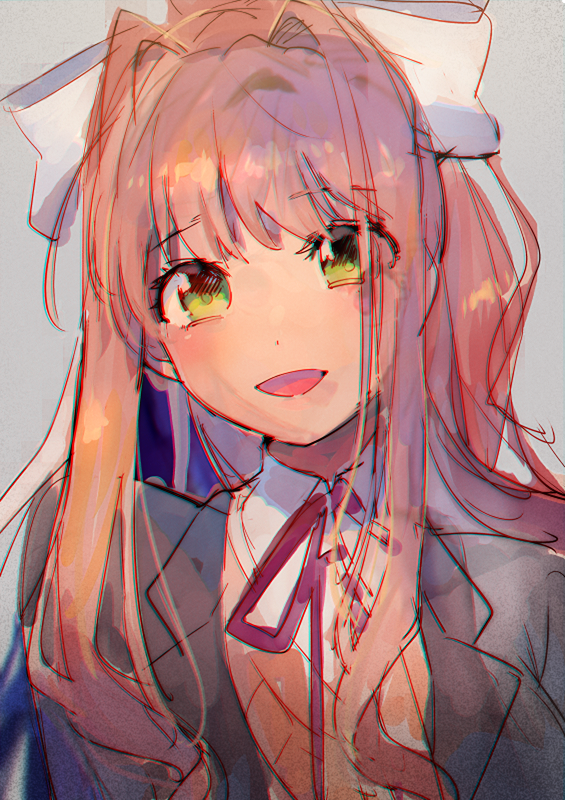 1girl :d aoki_(fumomo) bangs bow brown_hair chromatic_aberration collared_shirt doki_doki_literature_club eyebrows_visible_through_hair eyes_visible_through_hair green_eyes grey_jacket hair_bow hair_intakes jacket long_hair looking_at_viewer monika_(doki_doki_literature_club) open_clothes open_jacket open_mouth orange_vest ponytail red_ribbon ribbon school_uniform shirt smile solo upper_body vest white_bow white_shirt