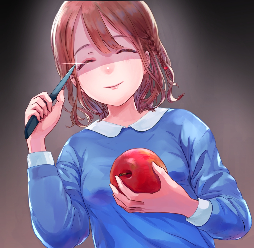 1girl apple black_background blue_shirt braid brown_hair closed_eyes facing_viewer food fruit glint holding holding_fruit holding_knife knife original rony shirt smile solo upper_body