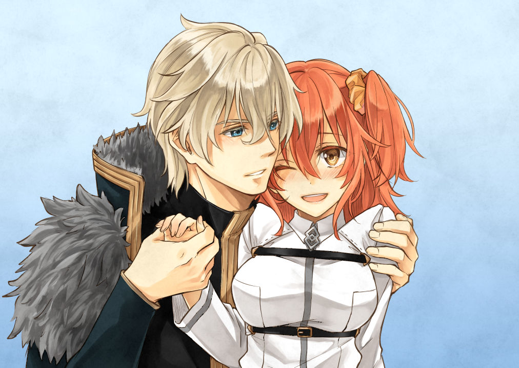 1boy 1girl ;d blue_eyes blush couple fate/grand_order fate_(series) fujimaru_ritsuka_(female) gawain_(fate/grand_order) hair_between_eyes hair_ornament hair_scrunchie hand_holding hg jacket long_hair looking_at_viewer nishinishihigas one_eye_closed open_mouth orange_hair parted_lips scrunchie side_ponytail silver_hair smile upper_body white_jacket yellow_eyes