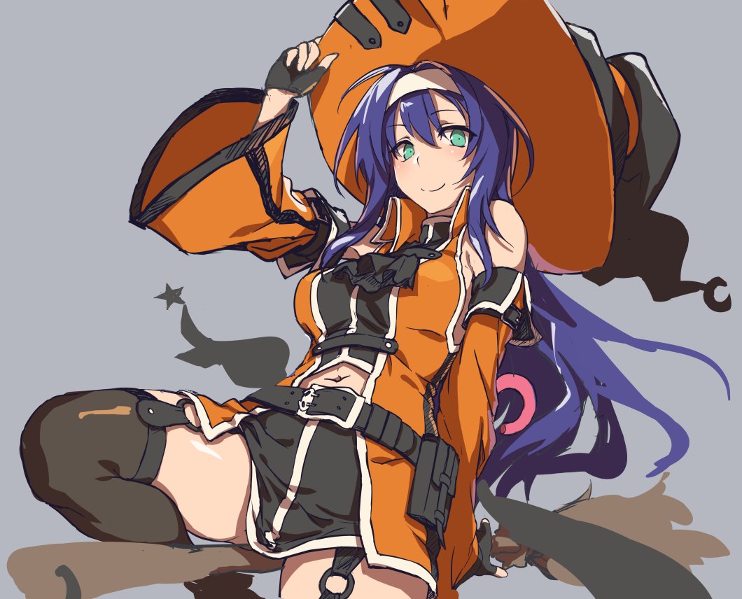 1girl belt black_gloves black_legwear blue_hair broom broom_riding closed_mouth detached_sleeves fingerless_gloves fire_emblem fire_emblem:_souen_no_kiseki fire_emblem_heroes garter_straps gloves green_eyes grey_background halloween_costume hand_on_headwear hat headband long_hair navel navel_cutout nintendo shinon_(tokage_shuryou) simple_background smile solo thigh-highs wayu_(fire_emblem) white_headband witch_hat