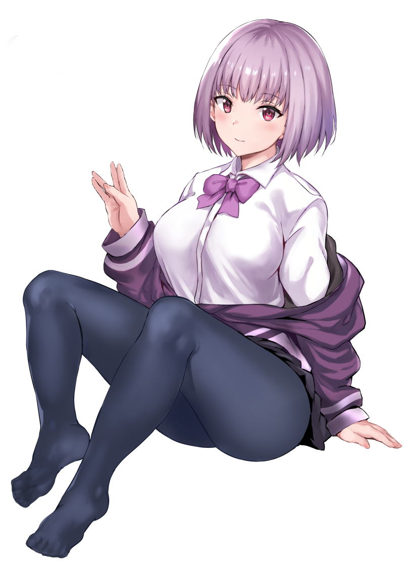 blush bow bowtie cardigan closed_mouth eyebrows_visible_through_hair full_body jacket jirusu lavender_hair looking_at_viewer pantyhose purple_jacket purple_neckwear red_eyes shinjou_akane shirt short_hair simple_background sitting solo ssss.gridman white_background white_shirt