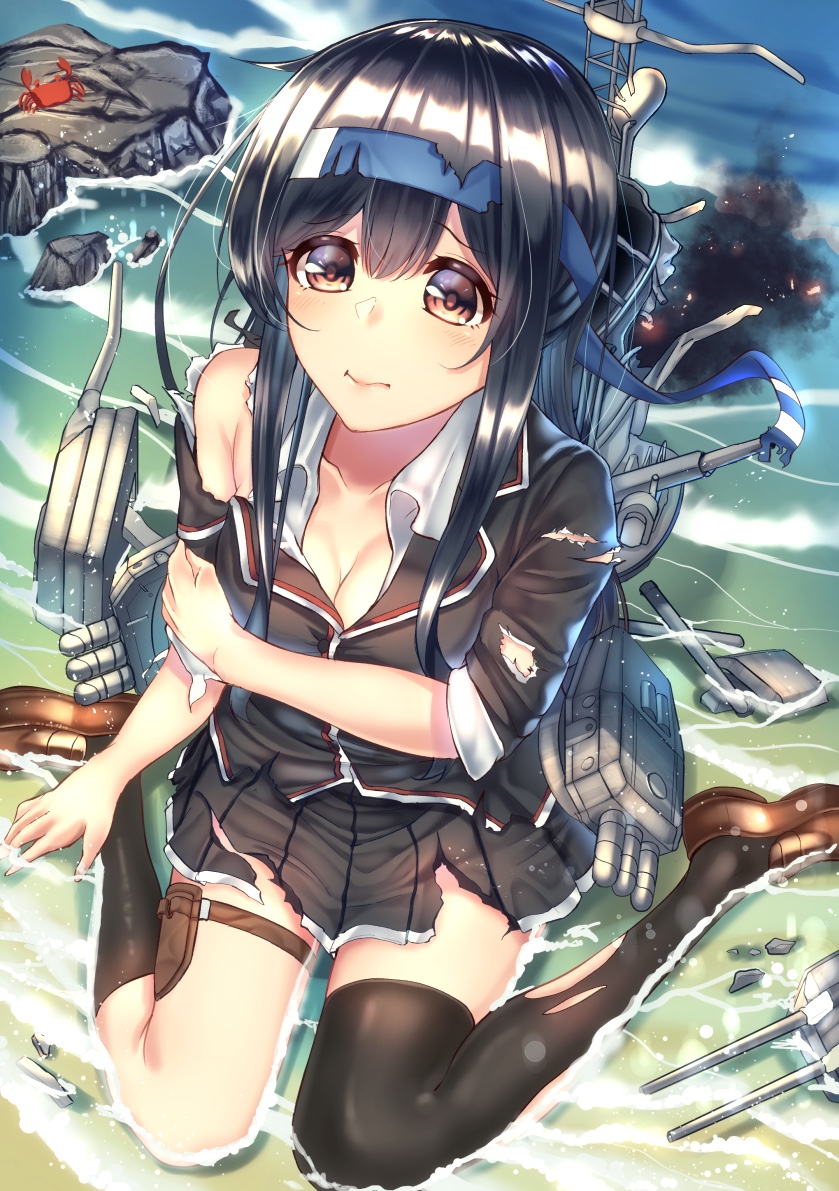 1girl bangs beach black_hair black_legwear blazer blush breasts cleavage closed_mouth collarbone commentary_request crab damaged day eyebrows_visible_through_hair full_body hair_between_eyes hatsushimo_(kantai_collection) headband jacket kantai_collection kazu_(otonoki86) legs long_hair looking_at_viewer low-tied_long_hair machinery outdoors pleated_skirt red_eyes sand school_uniform single_thighhigh sitting skirt small_breasts smoke smokestack solo thigh-highs thighs torn_clothes torpedo_tubes wariza water weapon