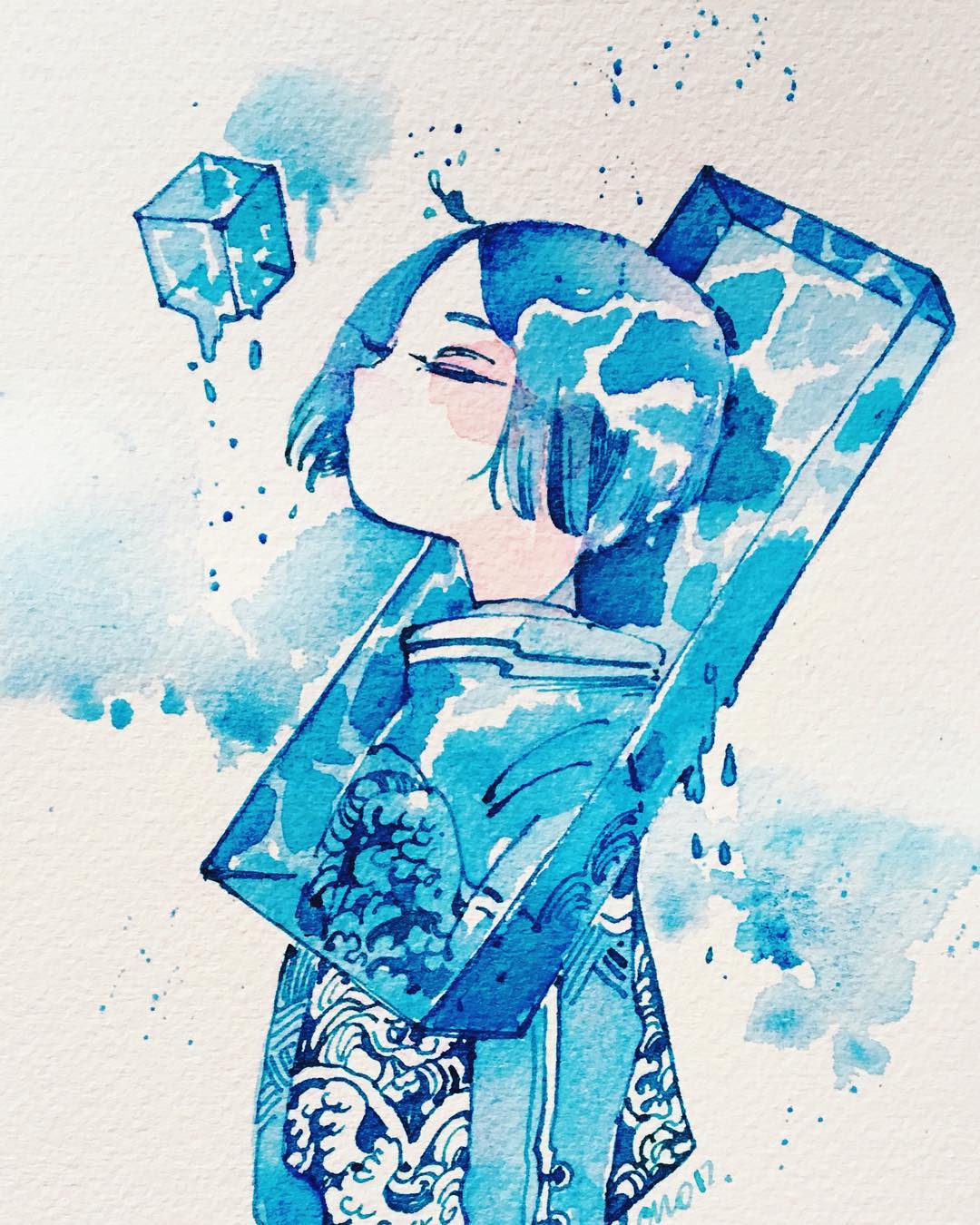 1girl blue_hair closed_eyes cube droplet floating highres maruti_bitamin no_mouth original photo short_hair solo traditional_media upper_body water wave_print