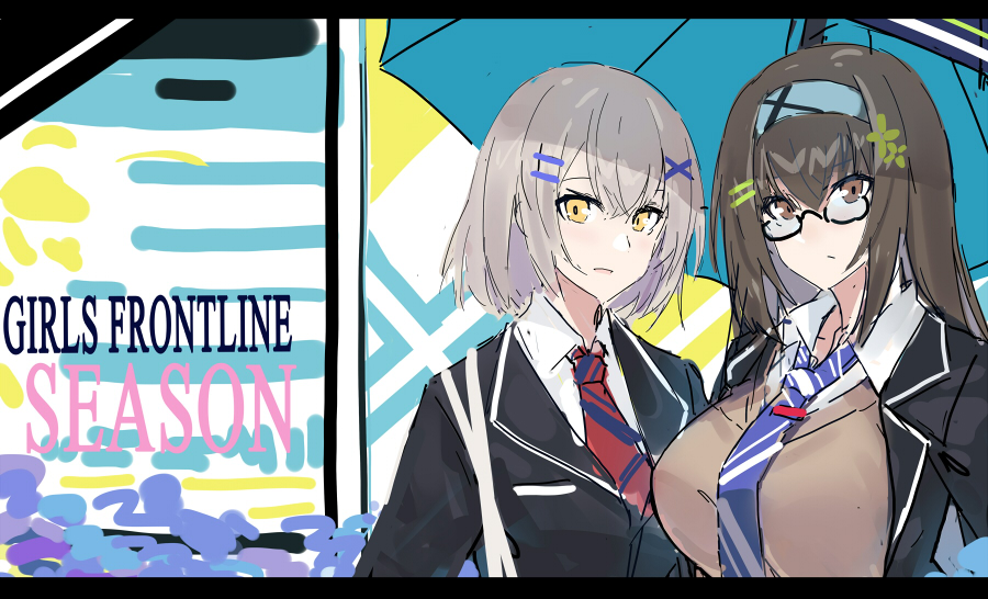 2girls black_hair breasts brown_eyes character_request commentary_request echj english girls_frontline glasses grey_hair hair_ornament hairband hairclip large_breasts multiple_girls necktie school_uniform umbrella uniform vector_(girls_frontline) yellow_eyes