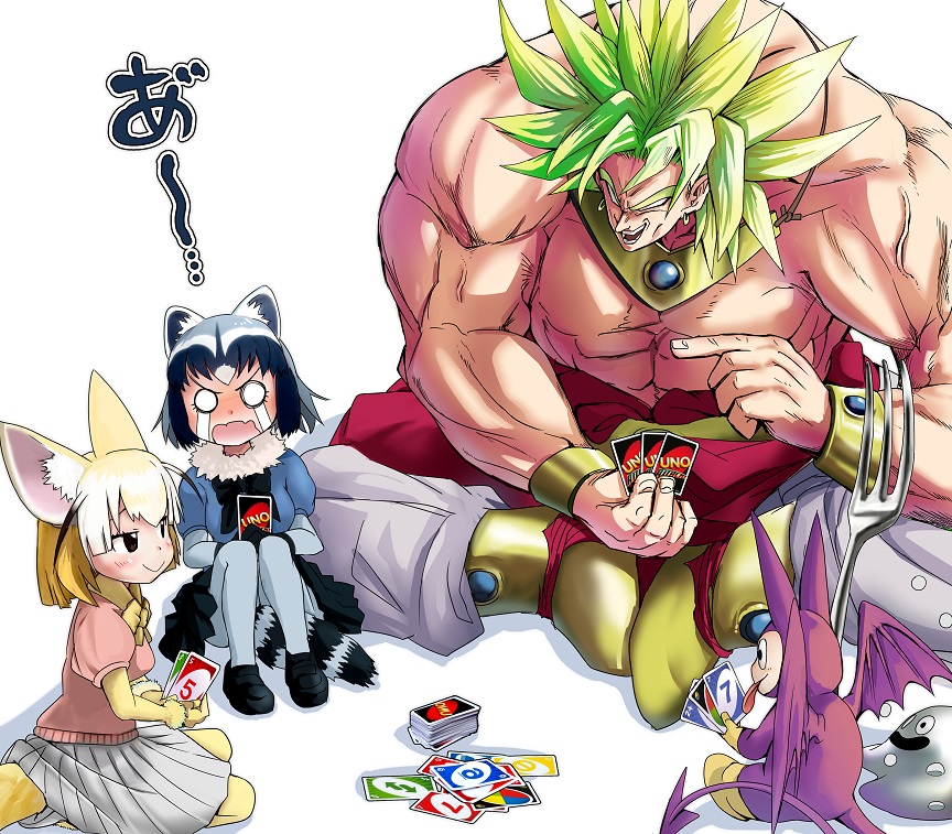 1boy 2girls animal_ears blank_eyes blonde_hair boots bracelet broly card chest closed_mouth commentary_request common_raccoon_(kemono_friends) crossover crying crying_with_eyes_open doitsuken dragon_ball dragon_quest dragonball_z earrings fennec_(kemono_friends) fork full_body holding holding_card indian_style jewelry kemono_friends knees_up legendary_super_saiyan long_hair metal_slime minidemon multiple_crossover multiple_girls muscle necklace o_o open_mouth pants playing_card playing_games pointing raccoon_ears shirtless sitting smile spiky_hair streaming_tears tears uno_(game)