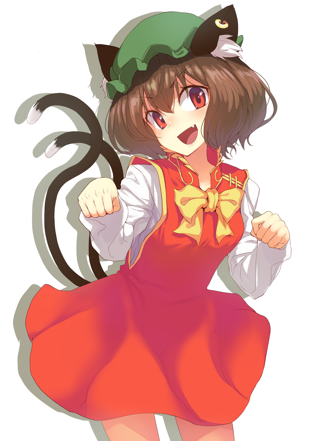 1girl animal_ear_fluff animal_ears bow bowtie brown_hair cat_ears cat_tail chen commentary cowboy_shot dress fang gold green_hat hat highres jewelry long_sleeves looking_at_viewer mob_cap multiple_tails nekomata open_mouth paw_pose red_dress red_eyes shirt short_hair simple_background single_earring solo tail tonbo_(11023) touhou two_tails white_background white_shirt yellow_bow