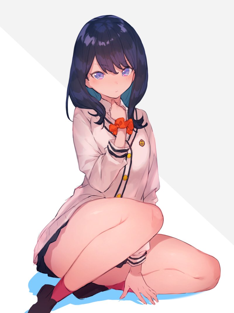 bangs black_hair black_skirt blue_eyes bukurote cardigan microskirt orange_scrunchie pleated_skirt school_uniform scrunchie sitting skirt ssss.gridman sweater takarada_rikka thighs white_cardigan white_sweater wrist_scrunchie