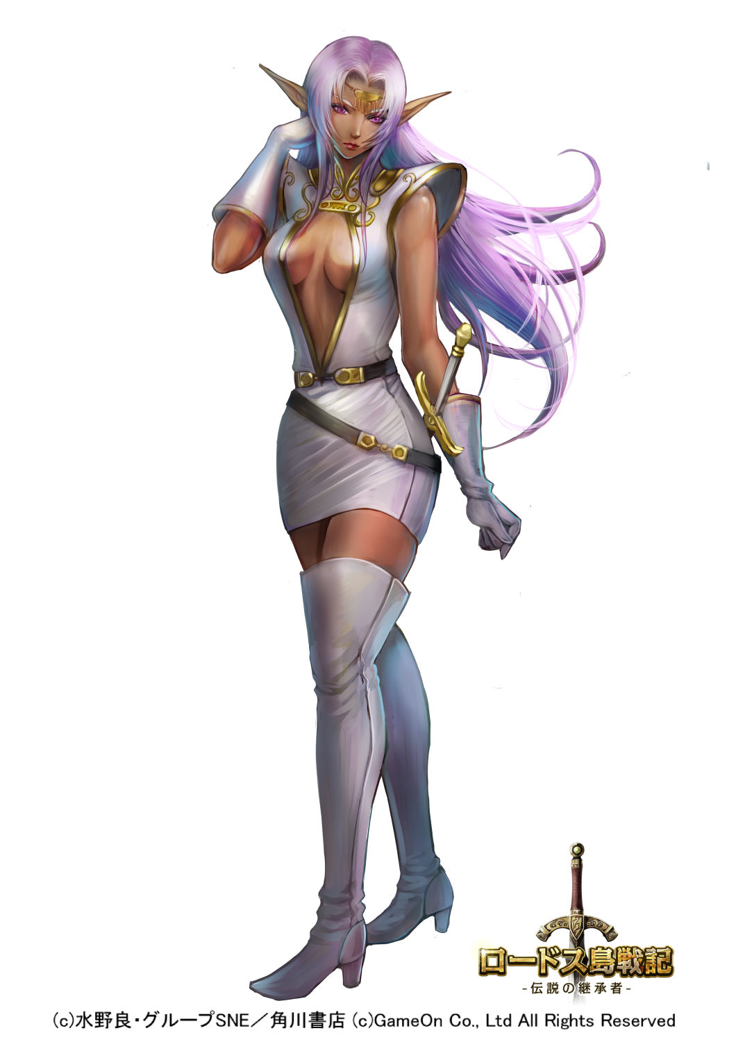 1girl boots breasts circlet cleavage company_name dark_elf dark_skin elbow_gloves elf fantasy full_body gloves highres long_hair looking_at_viewer pirotess pointy_ears purple_hair record_of_lodoss_war solo standing thigh-highs thigh_boots usuda_hiro very_long_hair violet_eyes watermark white_background white_footwear white_gloves