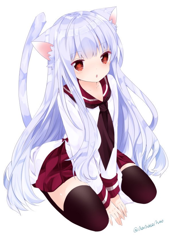 1girl animal_ears bangs blush brown_legwear brown_neckwear cat_ears cat_girl cat_tail collarbone commentary_request eyebrows_visible_through_hair full_body long_hair long_sleeves looking_at_viewer nanase_nao neckerchief original parted_lips purple_hair red_eyes red_sailor_collar red_skirt sailor_collar school_uniform seiza serafuku shirt simple_background sitting skirt solo tail tail_raised thigh-highs very_long_hair white_background white_shirt