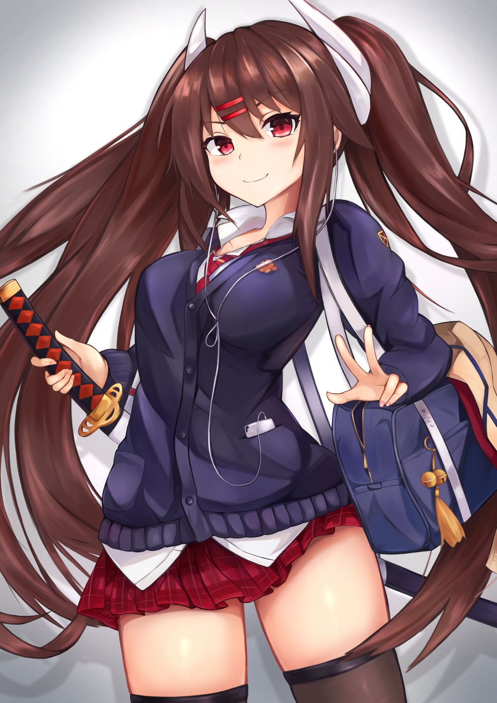 1girl azur_lane bag bangs bell blue_cardigan blush brown_hair brown_legwear cardigan cellphone closed_mouth collared_shirt commentary_request cowboy_shot earphones earphones eyebrows_visible_through_hair fingernails gradient gradient_background grey_background hair_between_eyes hair_ornament hairclip haruna_(azur_lane) head_tilt highres holding holding_sword holding_weapon horns jingle_bell katana long_hair long_sleeves looking_at_viewer nail_polish necktie phone pink_nails plaid plaid_skirt pleated_skirt red_eyes red_neckwear red_skirt ryara_vivi school_bag shadow sheath sheathed shirt sidelocks skirt smile solo sword thigh-highs twintails v very_long_hair weapon white_background white_shirt