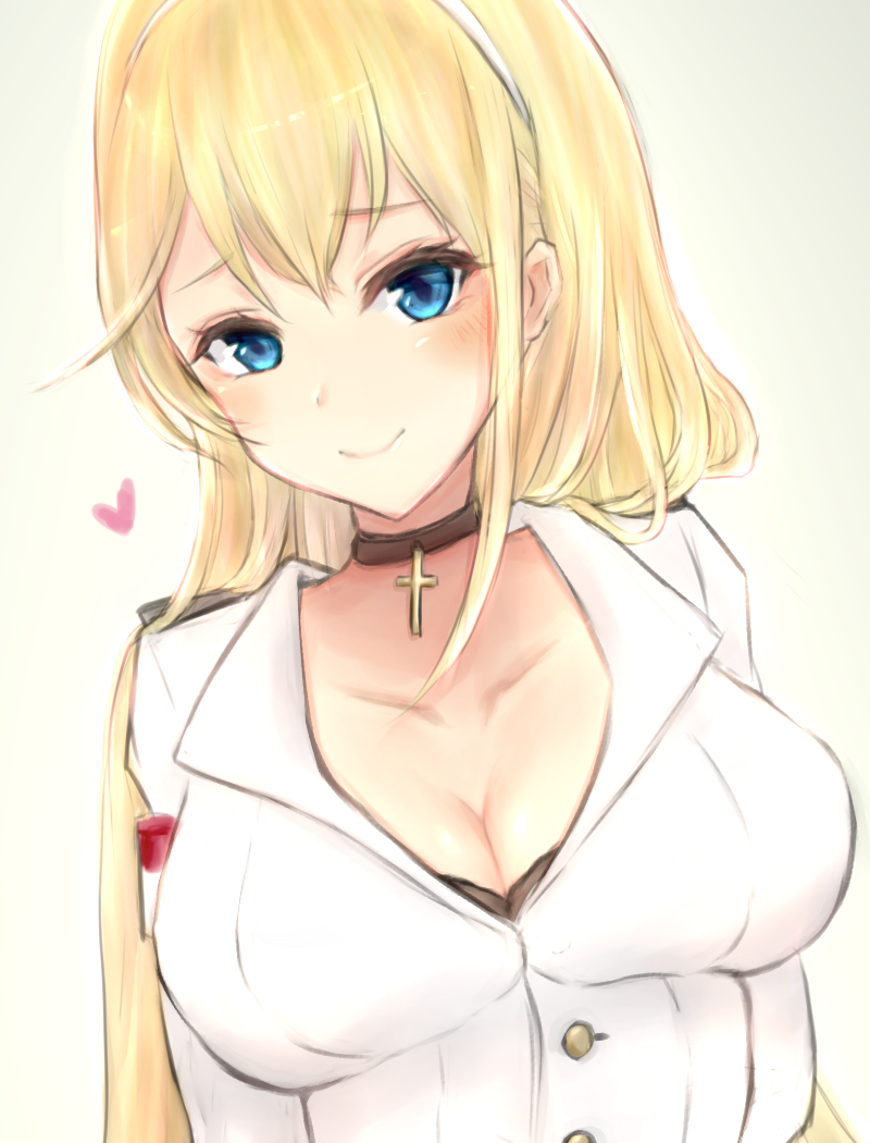1girl azur_lane blonde_hair blue_eyes blush breasts choker cleavage cross hairband large_breasts long_hair looking_at_viewer military military_uniform north_carolina_(azur_lane) simple_background smile solo uniform upper_body wej3456