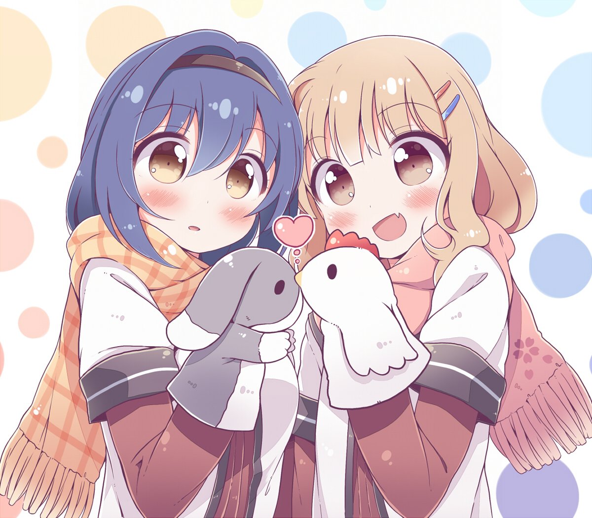 2girls blonde_hair blue_hair blush breasts brown_eyes brown_scarf eyebrows_visible_through_hair furutani_himawari hair_ornament hairband hairclip heart large_breasts long_sleeves looking_at_another multiple_girls nanamori_school_uniform oomuro_sakurako open_mouth parted_lips pink_scarf puppet scarf short_hair smile takahero yuri yuru_yuri