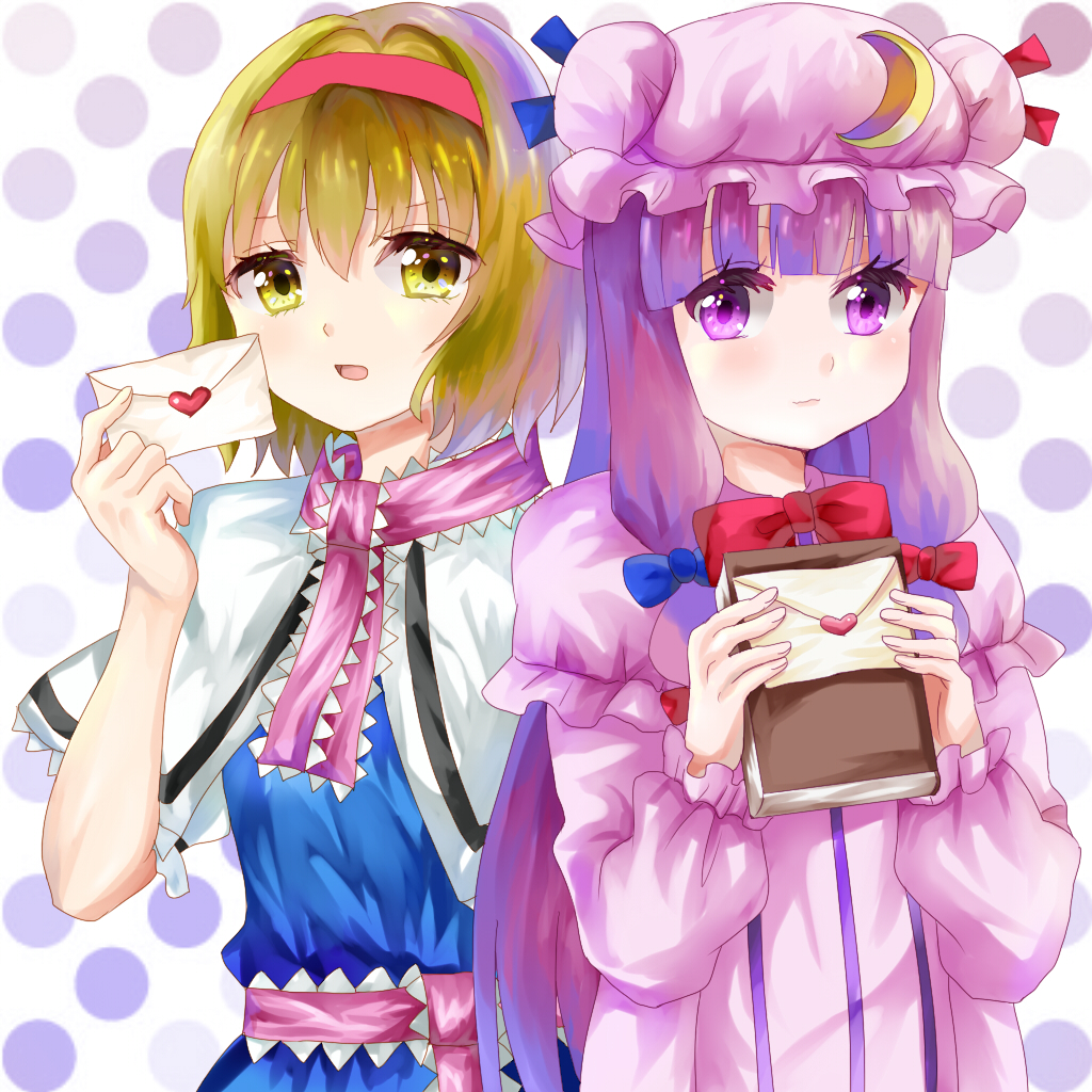 2girls alice_margatroid bangs blonde_hair blue_bow blue_ribbon blunt_bangs blush book bow capelet commentary_request crescent crescent_moon_pin envelope hair_bow hairband hat hat_ribbon heart holding holding_book letter long_hair looking_at_viewer love_letter multiple_girls patchouli_knowledge pink_neckwear polka_dot polka_dot_background purple_hair red_bow red_hairband red_neckwear red_ribbon ribbon rizuyuki short_hair touhou upper_body very_long_hair violet_eyes yellow_eyes