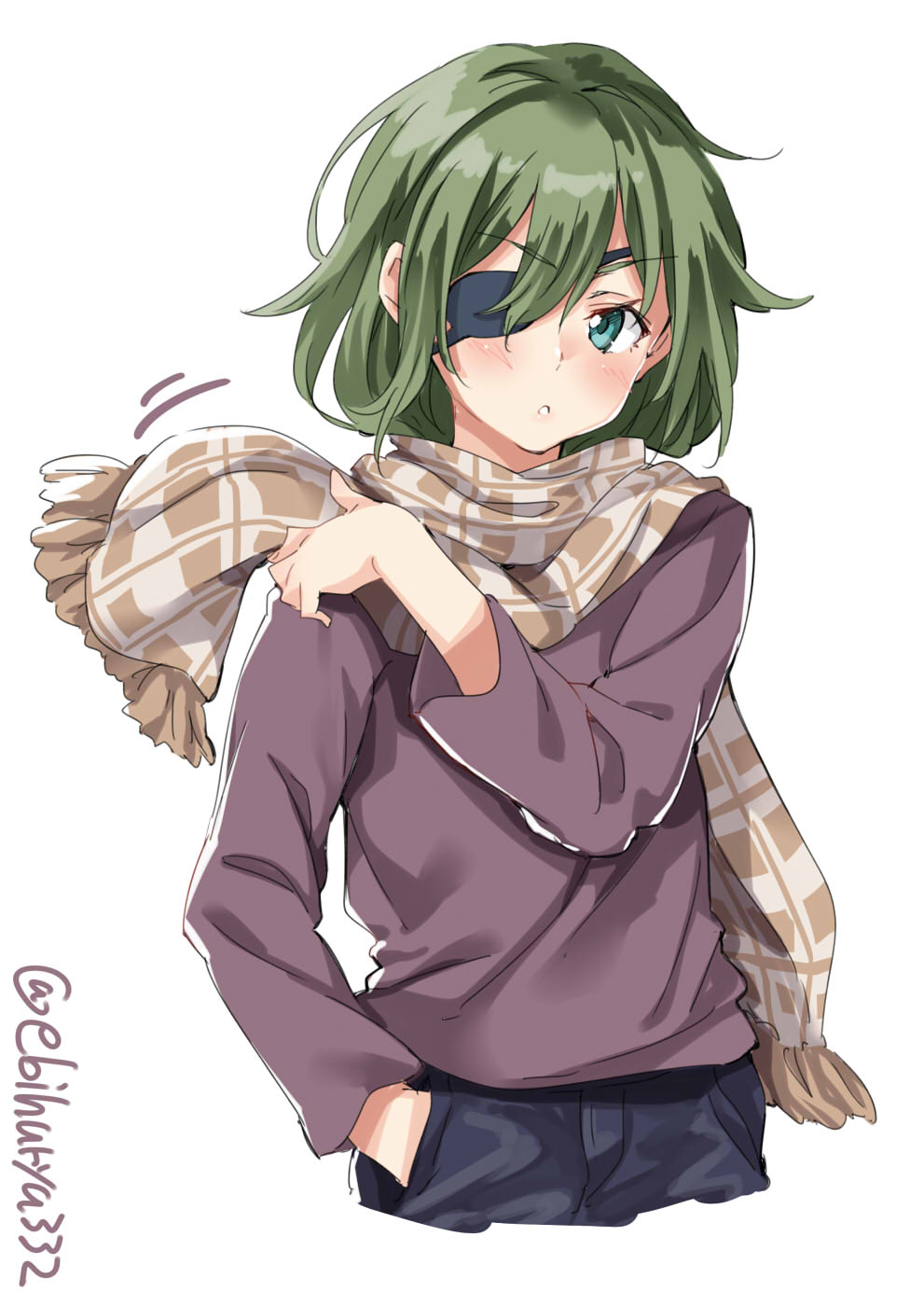 1girl alternate_costume black_pants brown_scarf brown_sweater cowboy_shot ebifurya eyepatch green_eyes green_hair hand_in_pocket highres kantai_collection kiso_(kantai_collection) looking_at_viewer pants plaid plaid_scarf scarf short_hair simple_background solo sweater twitter_username white_background