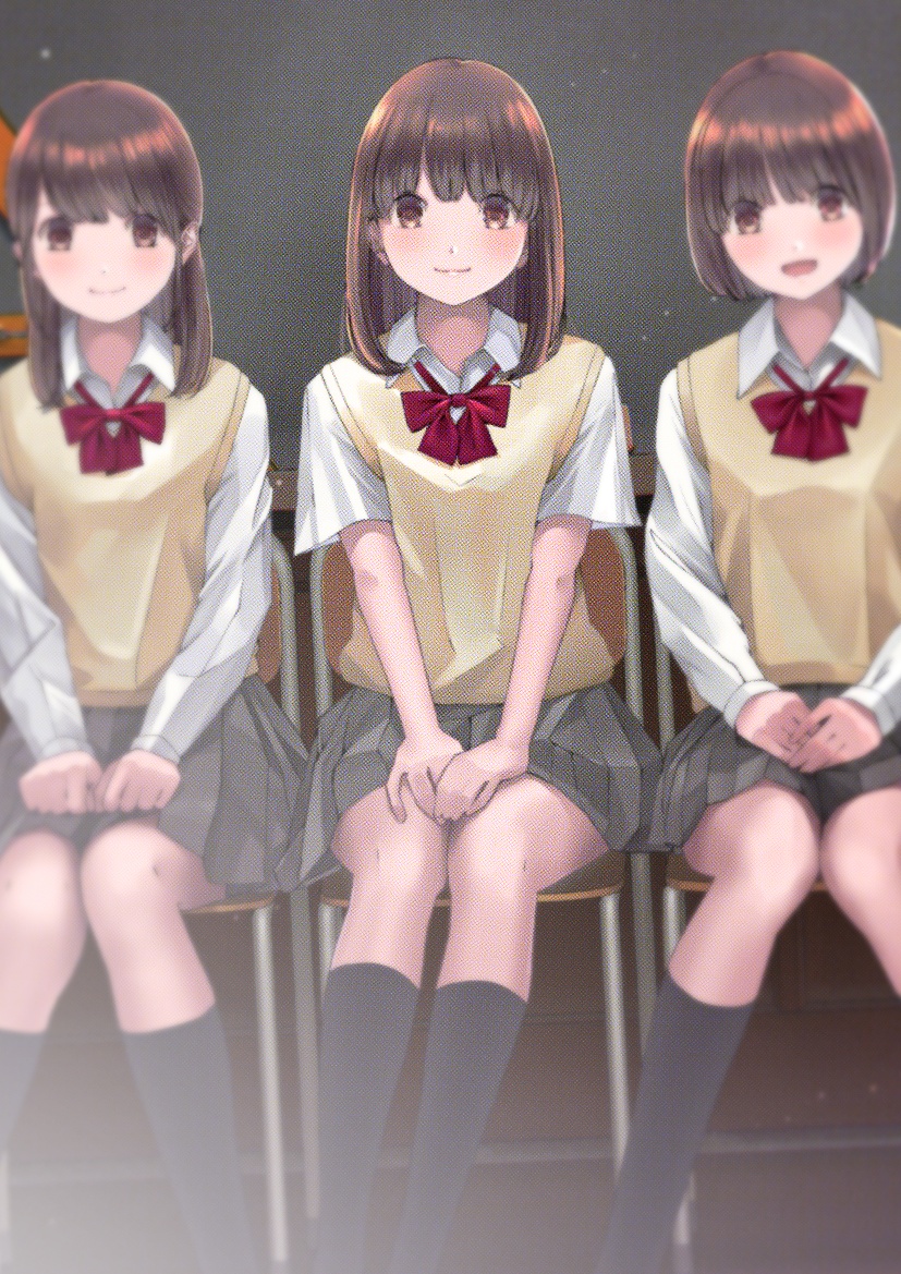 3girls :d black_legwear blurry blurry_background blush bow brown_eyes brown_hair chair chikuwa_(odennabe) closed_mouth collared_shirt commentary_request depth_of_field feet_out_of_frame grey_skirt hands_on_lap kneehighs long_hair multiple_girls on_chair open_mouth original pleated_skirt red_bow school_uniform shirt short_hair short_sleeves sitting skirt smile sweater_vest white_shirt