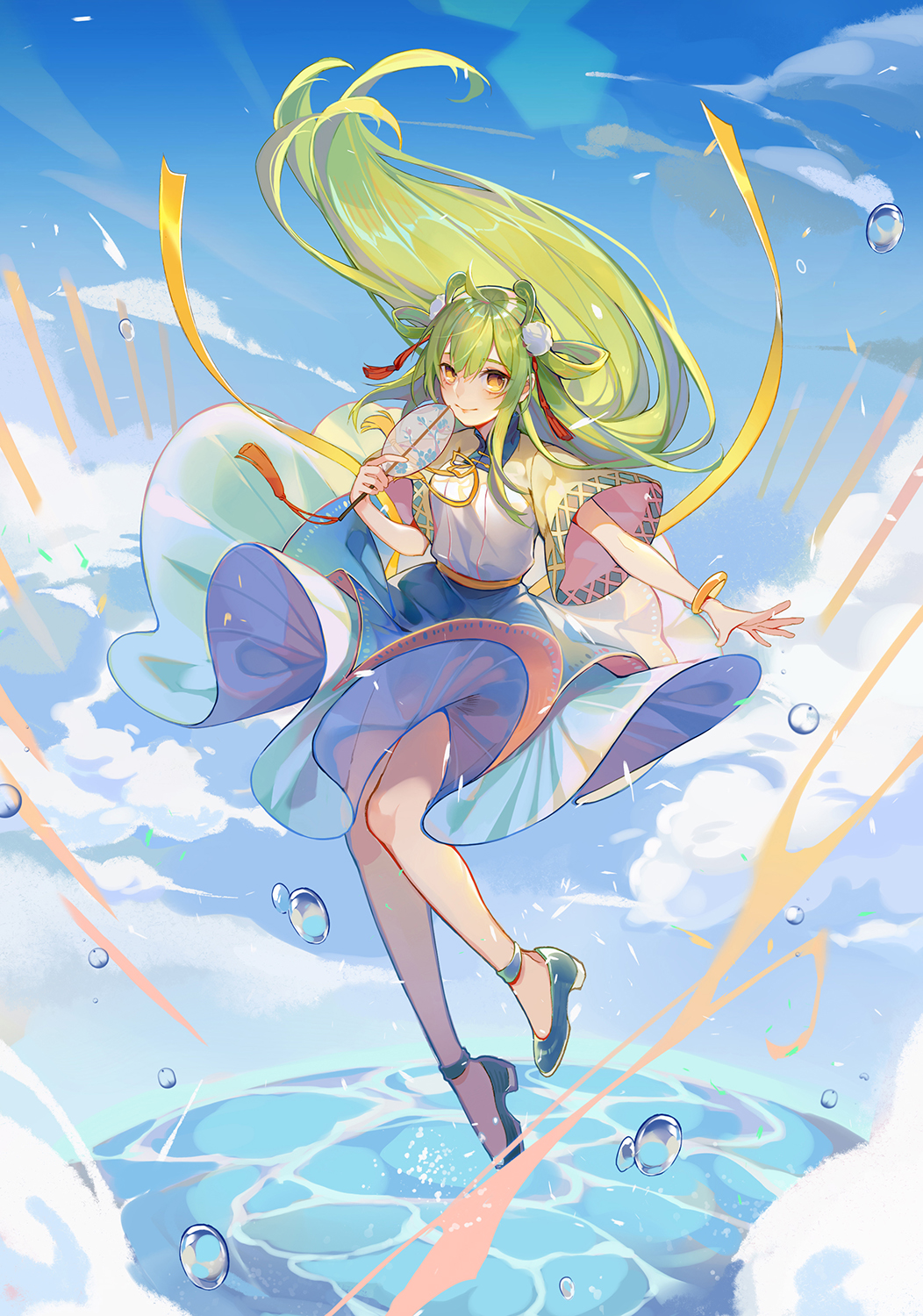 1girl blue_skirt blue_sky breasts day droplet fan full_body hair_ornament hair_rings highres long_hair original outdoors paper_fan red_ribbon ribbon shoes skirt sky small_breasts smile turkey_(weave7769) very_long_hair water yellow_eyes yellow_ribbon