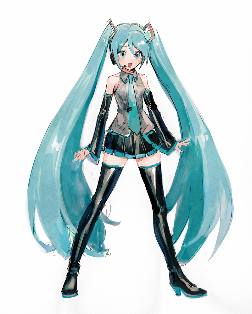 1girl :d absurdly_long_hair aoki_(fumomo) bare_shoulders black_footwear black_skirt blue_eyes blue_hair blue_neckwear boots collared_shirt detached_sleeves full_body grey_shirt hair_between_eyes hatsune_miku high_heel_boots high_heels legs_apart long_hair long_sleeves microphone miniskirt necktie open_mouth pleated_skirt shirt simple_background skirt sleeveless sleeveless_shirt smile solo standing thigh-highs thigh_boots very_long_hair vocaloid white_background zettai_ryouiki