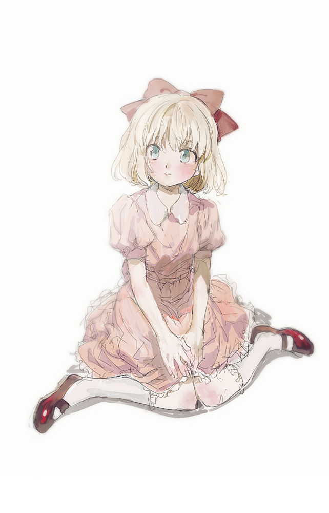 1girl aoki_(fumomo) bangs blonde_hair blue_eyes bow collared_dress dress full_body hair_bow knees_together_feet_apart mary_janes mother_(game) mother_2 nintendo parted_lips paula_(mother_2) pink_dress puffy_short_sleeves puffy_sleeves red_bow red_footwear shoes short_hair short_sleeves simple_background sitting socks solo white_background white_legwear