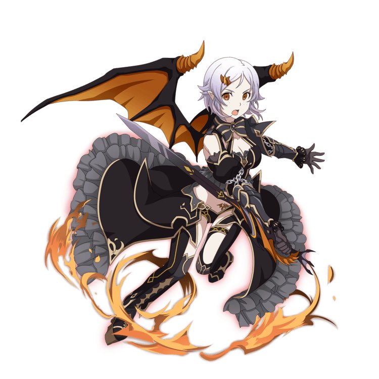 1girl alternate_eye_color alternate_hair_color bangs black_bow black_cape black_gloves black_legwear black_shorts bow bowtie breasts cape cleavage elbow_gloves fire full_body gloves hair_ornament hairclip halloween_costume holding holding_sword holding_weapon leg_up lisbeth_(sao-alo) looking_at_viewer medium_breasts midriff official_art open_mouth orange_eyes parted_bangs pointy_ears short_hair short_shorts shorts silver_hair solo stomach sword sword_art_online sword_art_online:_code_register waist_cape weapon wings