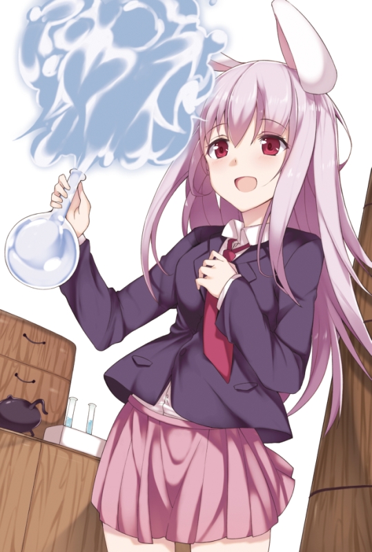 1girl :d animal_ears blazer cover cover_page cowboy_shot eyebrows_visible_through_hair flask haruyuki_(yukichasoba) holding indoors jacket long_hair long_sleeves miniskirt necktie novel_cover open_mouth pink_skirt pleated_skirt purple_hair rabbit_ears red_eyes red_neckwear reisen_udongein_inaba round-bottom_flask skirt smile smoke solo test_tube touhou