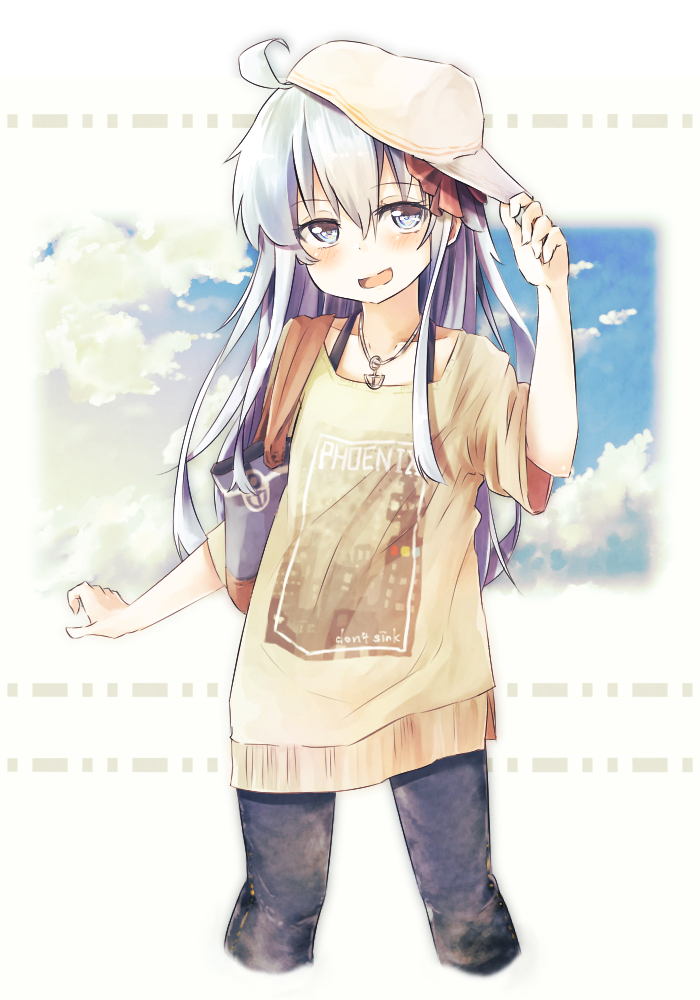 1girl ;d ahoge alternate_costume anchor_necklace arm_up bag bangs beige_shirt black_pants blue_sky clouds commentary_request contemporary cropped_legs denim english eyebrows_visible_through_hair flat_cap grey_eyes hair_between_eyes hair_ribbon hand_on_headwear hat hibiki_(kantai_collection) jeans jewelry kantai_collection long_hair looking_at_viewer one_eye_closed open_mouth outstretched_leg pants pendant print_shirt red_ribbon ribbon shirt short_sleeves shoulder_bag sideways_hat silver_hair sky smile solo taisho_(gumiyuki) white_background white_hat