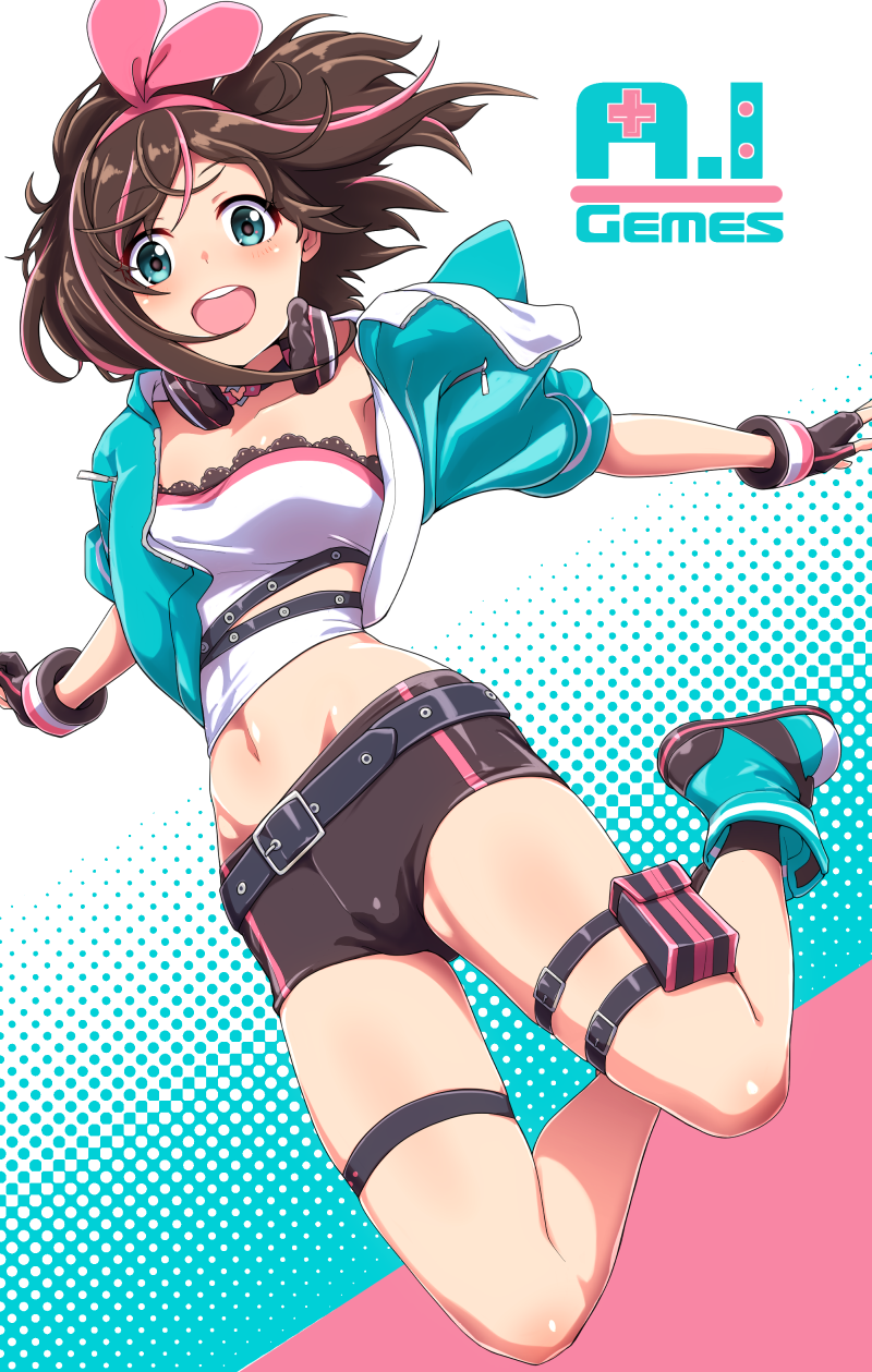 1girl a.i._channel aqua_eyes blush breasts brown_hair choker gloves hairband headphones highres jacket jumping kizuna_ai kobamiso_(kobalt) looking_at_viewer medium_breasts midriff navel open_clothes open_mouth outstretched_arms short_sleeves shorts smile solo spread_arms thigh_pouch thigh_strap virtual_youtuber