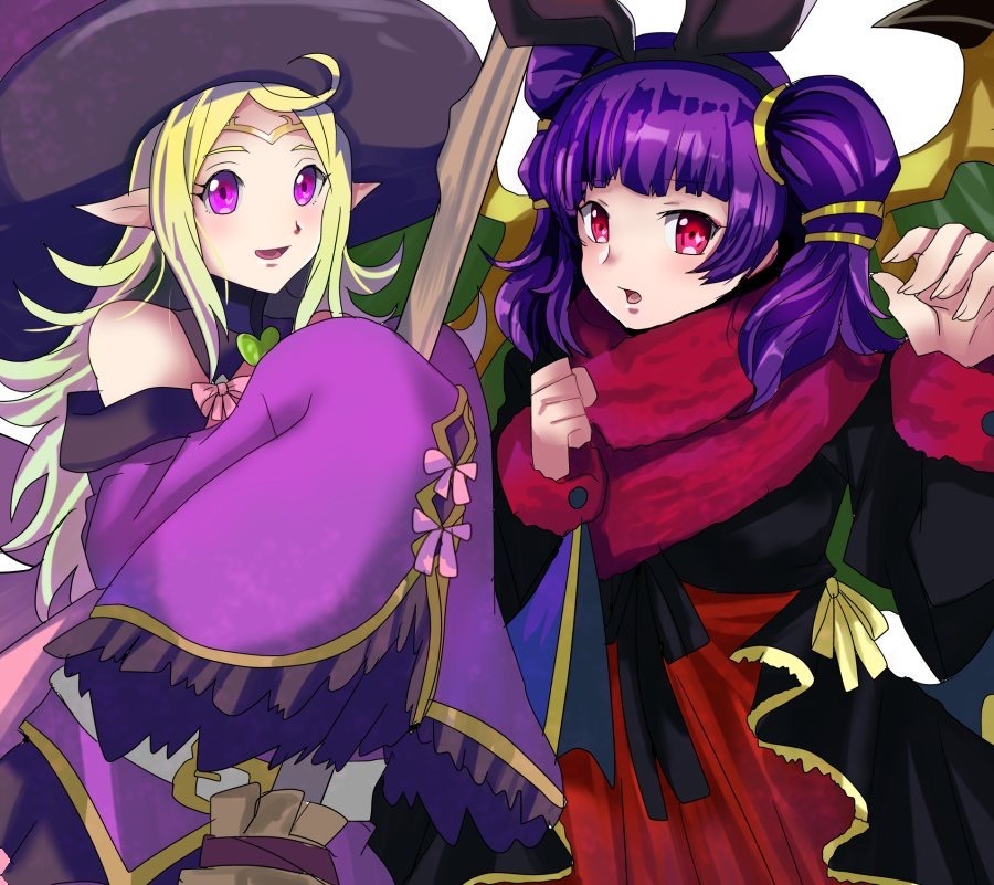 2girls animal_ears blonde_hair cosplay dragon_girl dragon_wings dress fire_emblem fire_emblem:_kakusei fire_emblem:_seima_no_kouseki fire_emblem_heroes halloween halloween_costume hat looking_at_viewer multiple_girls myrrh nintendo nn_(fire_emblem) pointy_ears purple_hair rabbit_ears red_eyes rem_sora410 smile twintails violet_eyes wings witch_hat