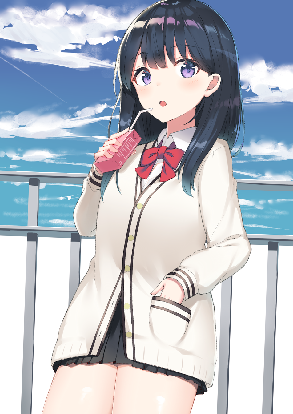1girl :o black_hair blue_sky blush bow bowtie clouds day drink drinking_straw eyebrows_visible_through_hair hand_in_pocket highres looking_at_viewer open_mouth outdoors red_neckwear shirt short_hair sky solo ssss.gridman standing takarada_rikka thighs violet_eyes white_cardigan white_shirt yukarite