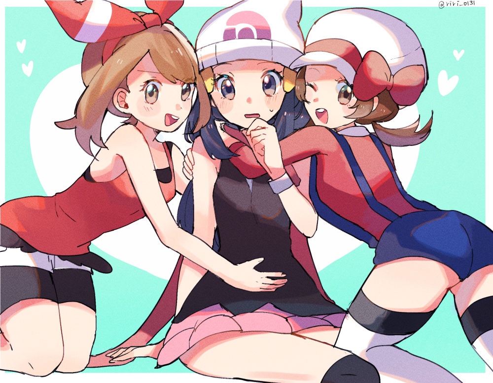 3girls :d ;d ass bare_arms bare_shoulders bike_shorts bike_shorts_under_shorts blue_eyes blue_hair bow brown_eyes brown_hair cabbie_hat creatures_(company) dark_blue_hair game_freak hairband haruka_(pokemon) hat hat_bow heart hikari_(pokemon) hug kneeling kotone_(pokemon) long_hair looking_at_viewer multiple_girls nintendo one_eye_closed open_mouth overalls pink_skirt pokemon pokemon_(game) pokemon_dppt pokemon_hgss pokemon_oras red_bow red_hairband red_scarf red_shirt ririmon round_teeth scarf shirt shorts skirt sleeves_past_elbows smile tank_top teeth thigh-highs twintails white_hat white_legwear white_shorts