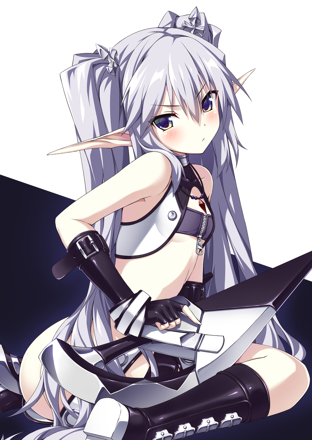 1girl agarest_senki agarest_senki_(series) arm_strap ass bangs belt black_gloves blush boots breasts cropped_vest elf fingerless_gloves flat_chest fyuria_(agarest_senki) gloves hair_between_eyes hair_ornament highres holding holding_sword holding_weapon jewelry knee_boots long_hair long_pointy_ears necklace pale_skin pointy_ears pout sidelocks silver_hair sitting small_breasts solo sword tsundere twintails ugume very_long_hair vest violet_eyes wariza weapon zipper