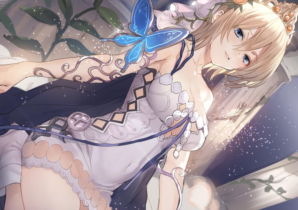 1girl bare_shoulders blonde_hair blue_eyes bug butterfly doushite dress dutch_angle europa_(granblue_fantasy) flower granblue_fantasy hair_flower hair_ornament insect short_hair tiara
