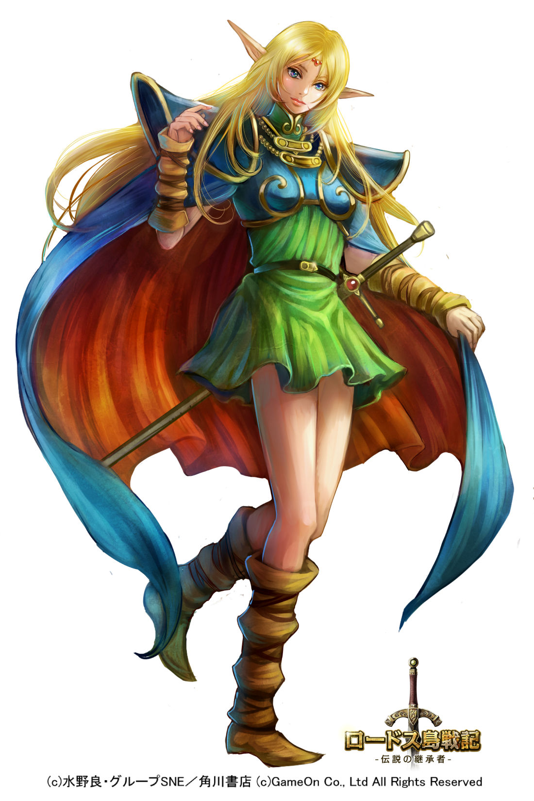 1girl armor belt blonde_hair blue_cape blue_eyes boots breasts cape circlet company_name deedlit elf fantasy full_body green_skirt highres holding_cape long_hair looking_at_viewer pointy_ears record_of_lodoss_war skirt solo sword tunic usuda_hiro very_long_hair watermark weapon white_background