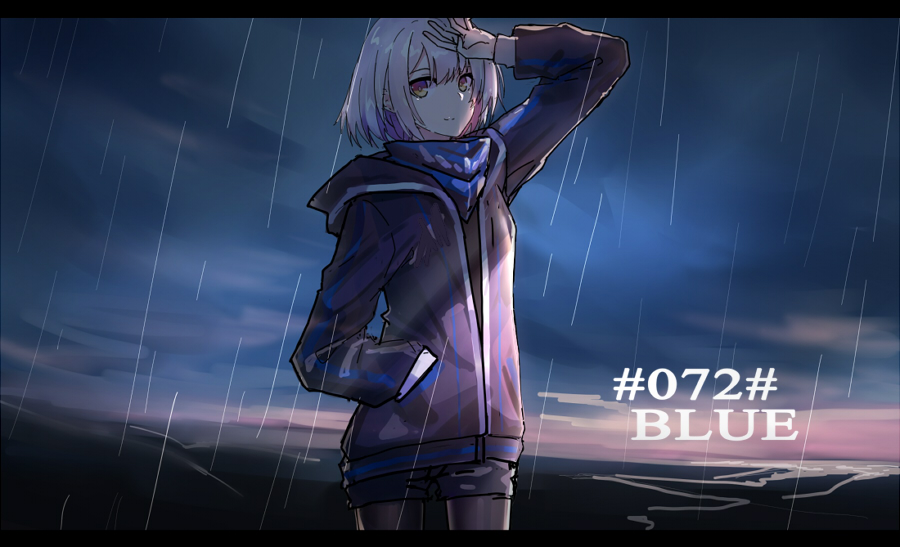 1girl bandanna clouds cloudy_sky commentary covering echj girls_frontline grey_hair hands_in_pocket jacket looking_at_viewer ocean rain sky smile solo vector_(girls_frontline) yellow_eyes