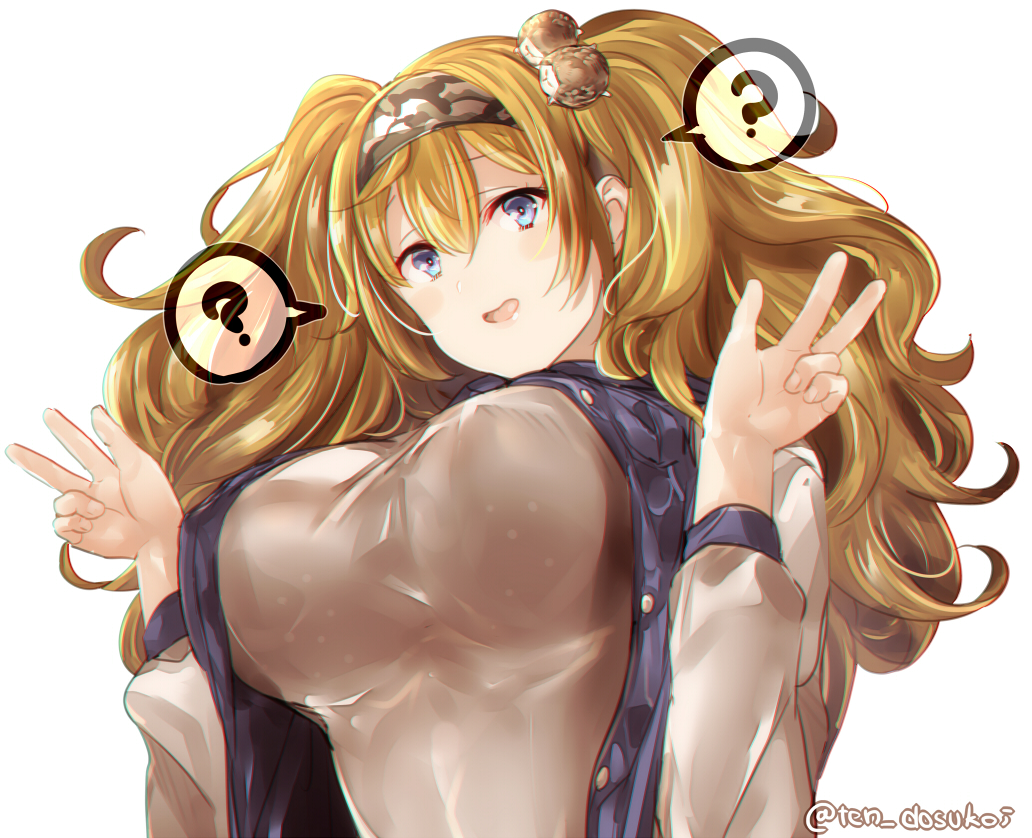 1girl ? alternate_costume blonde_hair blue_eyes blue_shirt blush breasts commentary_request eyebrows_visible_through_hair gambier_bay_(kantai_collection) hair_ornament hairband juurouta kantai_collection large_breasts long_hair looking_at_viewer open_mouth shirt simple_background solo twintails white_background