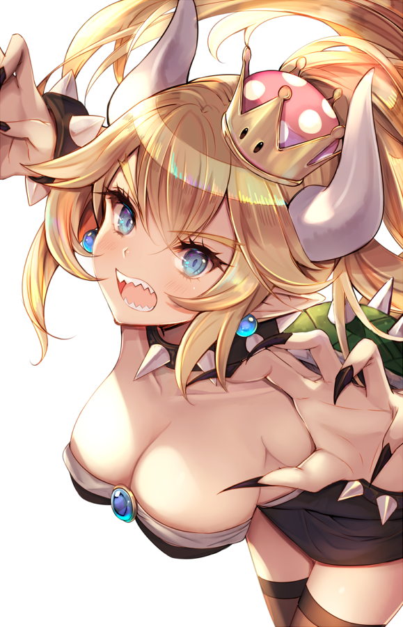 1girl aoi_(kirabosi105) black_nails blonde_hair blue_earrings blue_eyes bowsette bracelet breasts cleavage collar commentary_request crown earrings eyebrows eyebrows_visible_through_hair fingernails hair_between_eyes horns jewelry large_breasts long_fingernails long_hair looking_at_viewer super_mario_bros. nail_polish new_super_mario_bros._u_deluxe nintendo open_mouth ponytail sharp_teeth simple_background solo spiked_bracelet spiked_collar spikes super_crown teeth white_background