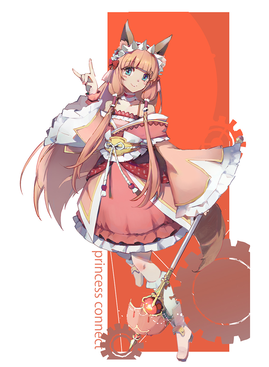 1girl animal_ear_fluff animal_ears bangs bare_shoulders blush boots bow closed_mouth collarbone commentary_request copyright_name eyebrows_visible_through_hair fingernails fox_ears fox_girl fox_shadow_puppet fox_tail frilled_legwear frilled_sleeves frills full_body gears hair_bow hand_up head_tilt high_heel_boots high_heels highres himemiya_maho holding holding_staff japanese_clothes kimono light_brown_hair long_hair long_sleeves nail_polish off_shoulder pink_footwear pink_nails princess_connect! princess_connect!_re:dive red_background red_bow red_kimono shadowsinking sleeves_past_wrists smile solo staff tail two-tone_background very_long_hair white_background white_kimono wide_sleeves
