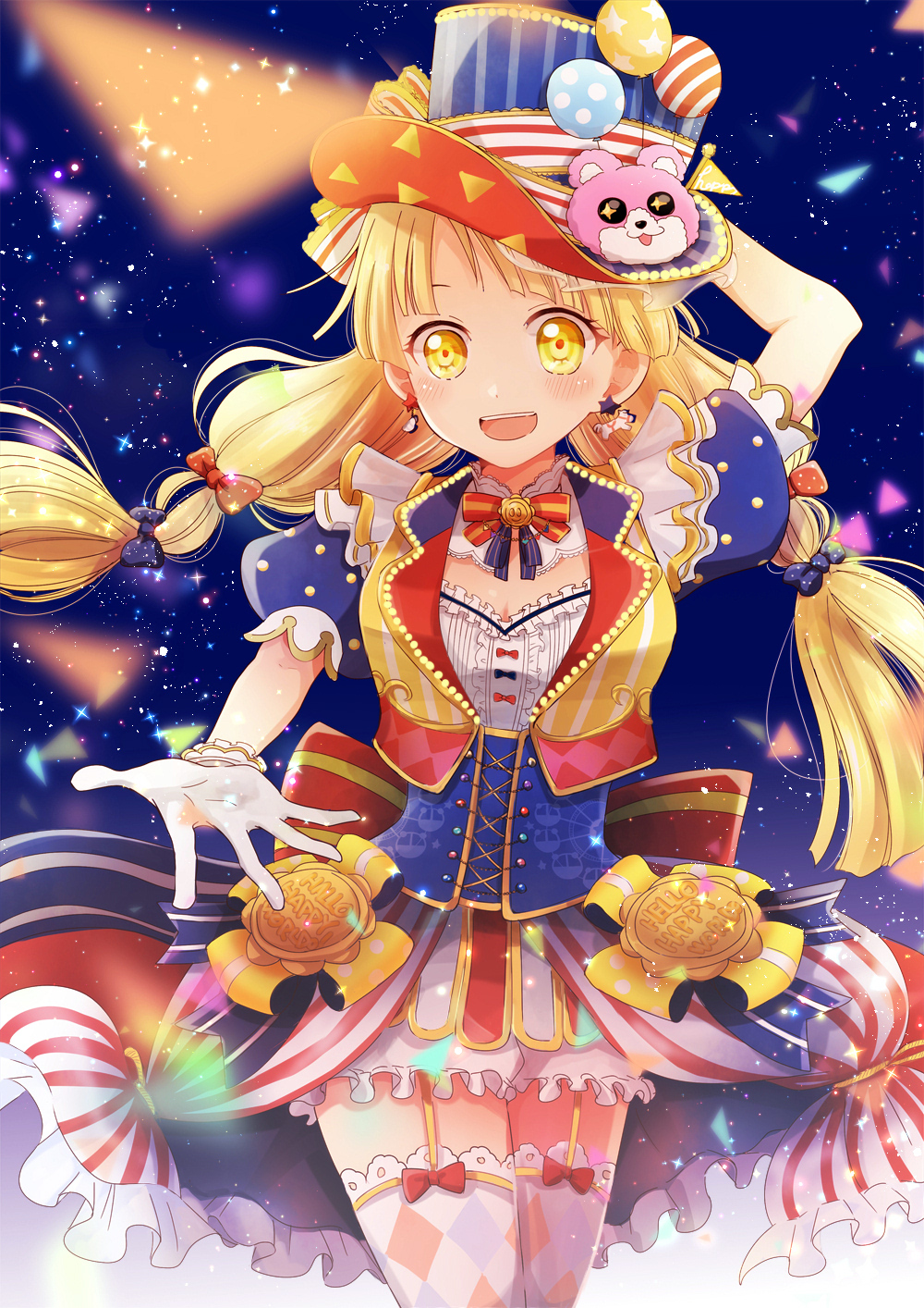 1girl :d argyle argyle_legwear artist_request balloon bang_dream! bangs blonde_hair blue_background blue_bow blush bow bowtie breasts character_hair_ornament cleavage confetti corset cowboy_shot detached_collar earrings flag garter_straps gloves group_name hair_bow hair_ornament hand_behind_head hat hat_ribbon highres jewelry long_hair looking_at_viewer medium_breasts michelle_(bang_dream!) open_mouth outstretched_hand overskirt pennant polka_dot polka_dot_bow red_bow ribbon short_sleeves smile solo sparkle star star_earrings string_of_flags striped striped_hat striped_neckwear striped_ribbon thigh-highs top_hat tsurumaki_kokoro twintails upper_teeth vertical_stripes vest white_gloves yellow_eyes