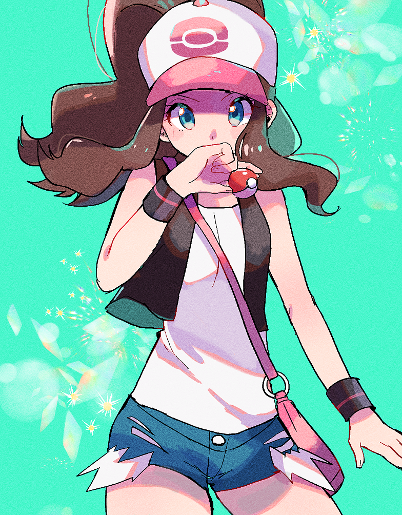 1girl aqua_background bag baseball_cap black_vest blue_eyes blue_shorts brown_hair covered_mouth cowboy_shot creatures_(company) cutoffs game_freak handbag hat holding holding_poke_ball long_hair looking_at_viewer nintendo open_clothes open_vest poke_ball poke_ball_(generic) pokemon pokemon_(game) pokemon_bw ponytail ririmon shirt short_shorts shorts sidelocks solo touko_(pokemon) vest white_hat white_shirt wide_ponytail wristband