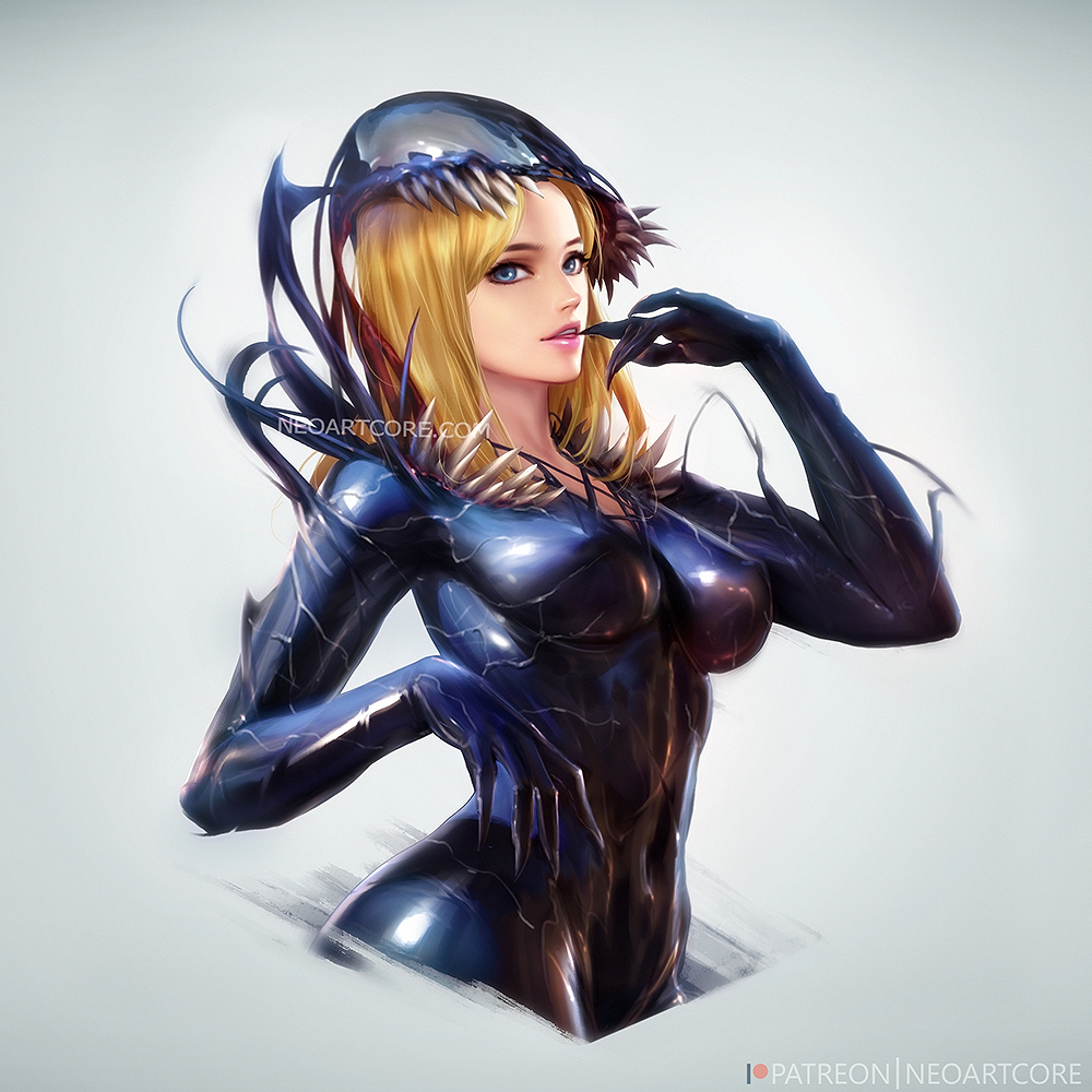 1girl ann_weying blonde_hair blue_eyes breasts covered_navel cropped_torso finger_to_mouth grey_background lips long_hair looking_at_viewer marvel medium_breasts nudtawut_thongmai parted_lips patreon_username sharp_teeth she-venom solo spider-man_(series) symbiote teeth venom_(marvel) watermark web_address