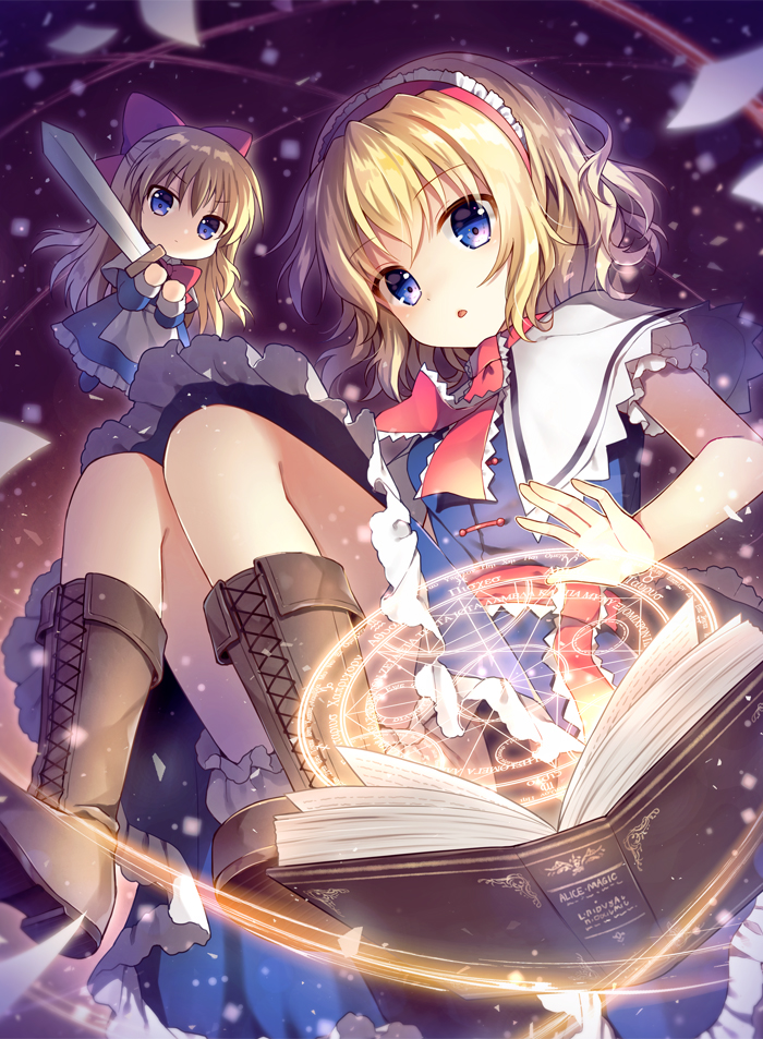 2girls alice_margatroid apron bangs blonde_hair blue_dress blue_eyes book boots bow brown_legwear capelet chibi closed_mouth commentary_request dress eyebrows_visible_through_hair frilled_dress frilled_hairband frills hair_between_eyes hair_bow hairband holding holding_sword holding_weapon knee_boots long_hair looking_at_viewer magic_circle mauve multiple_girls open_book paper parted_lips red_bow red_hairband shanghai_doll shoe_soles sword touhou very_long_hair weapon white_apron white_capelet