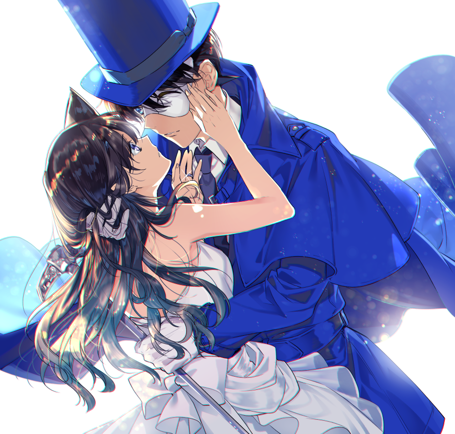 1boy 1girl blue_capelet blue_eyes blue_hat brown_hair capelet couple dress eye_contact floating_hair gloves grey_gloves hat holding long_hair looking_at_another magic_kaito mask meitantei_conan mouri_ran parted_lips ro-a short_dress simple_background sleeveless sleeveless_dress strapless strapless_dress white_background white_dress