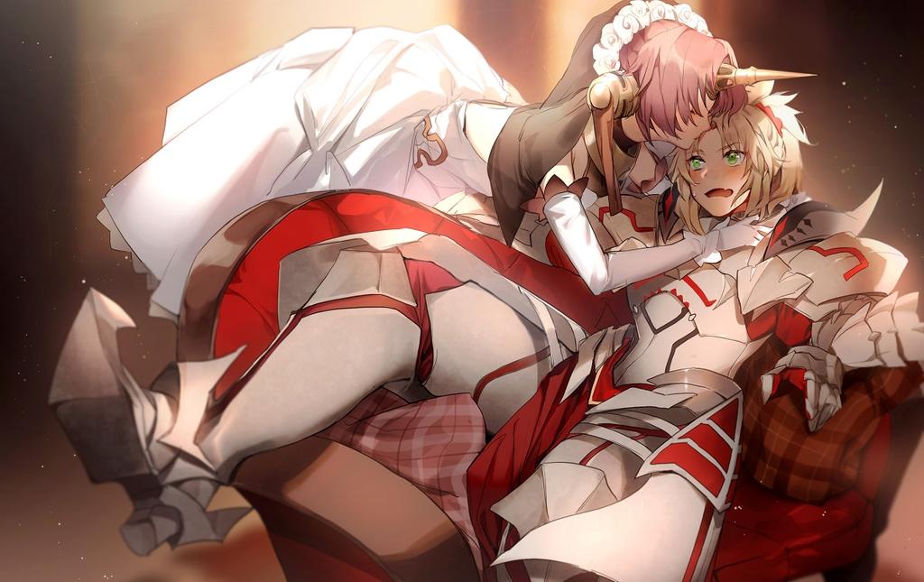 2girls armor armored_boots blonde_hair blush boots breastplate bridal_veil closed_eyes couch dress elbow_gloves fate/apocrypha fate_(series) forehead_kiss frankenstein's_monster_(fate) gauntlets gloves greaves green_eyes hair_ornament hair_scrunchie horn kiss light mordred_(fate) mordred_(fate)_(all) multiple_girls no-kan open_mouth pauldrons pink_hair red_scrunchie scrunchie sitting veil wedding_dress white_dress white_gloves yuri