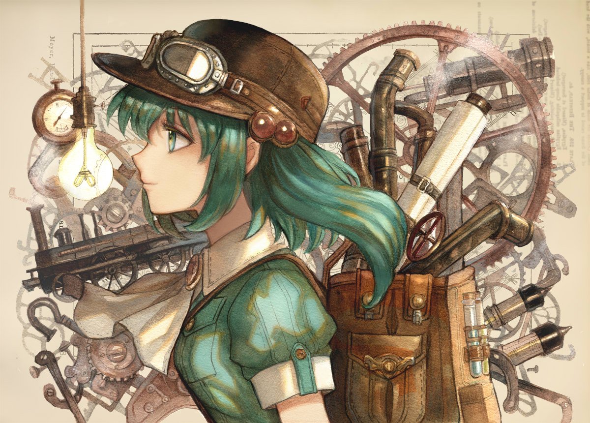 1girl aqua_eyes aqua_hair ascot backpack bag beige_background brooch brown_backpack brown_hat closed_mouth commentary gears goggles goggles_on_headwear ground_vehicle hair_bobbles hair_ornament hat jewelry kawashiro_nitori keiko_(mitakarawa) light_bulb light_smile locomotive looking_away pipes profile puffy_short_sleeves puffy_sleeves short_sleeves solo steampunk test_tube touhou train two_side_up upper_body white_neckwear