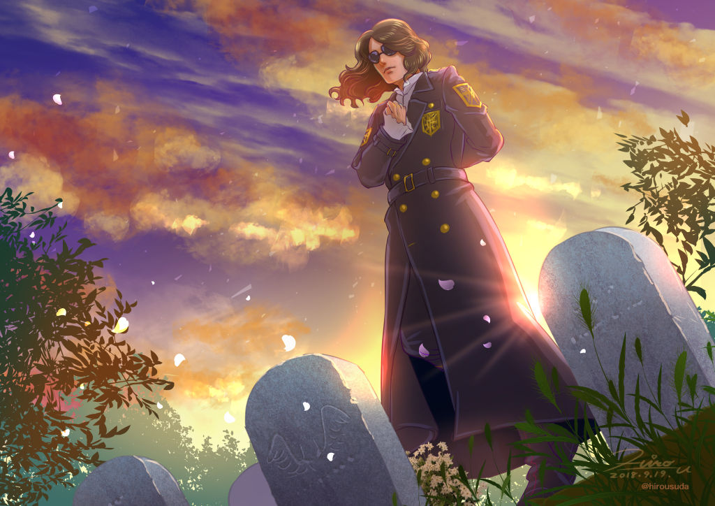 arm_behind_back belt black_footwear brown_hair clouds dated dutch_angle emblem full_body graveyard long_hair outdoors revo signature solo sound_horizon standing sunglasses tombstone tree trench_coat twilight twitter_username usuda_hiro